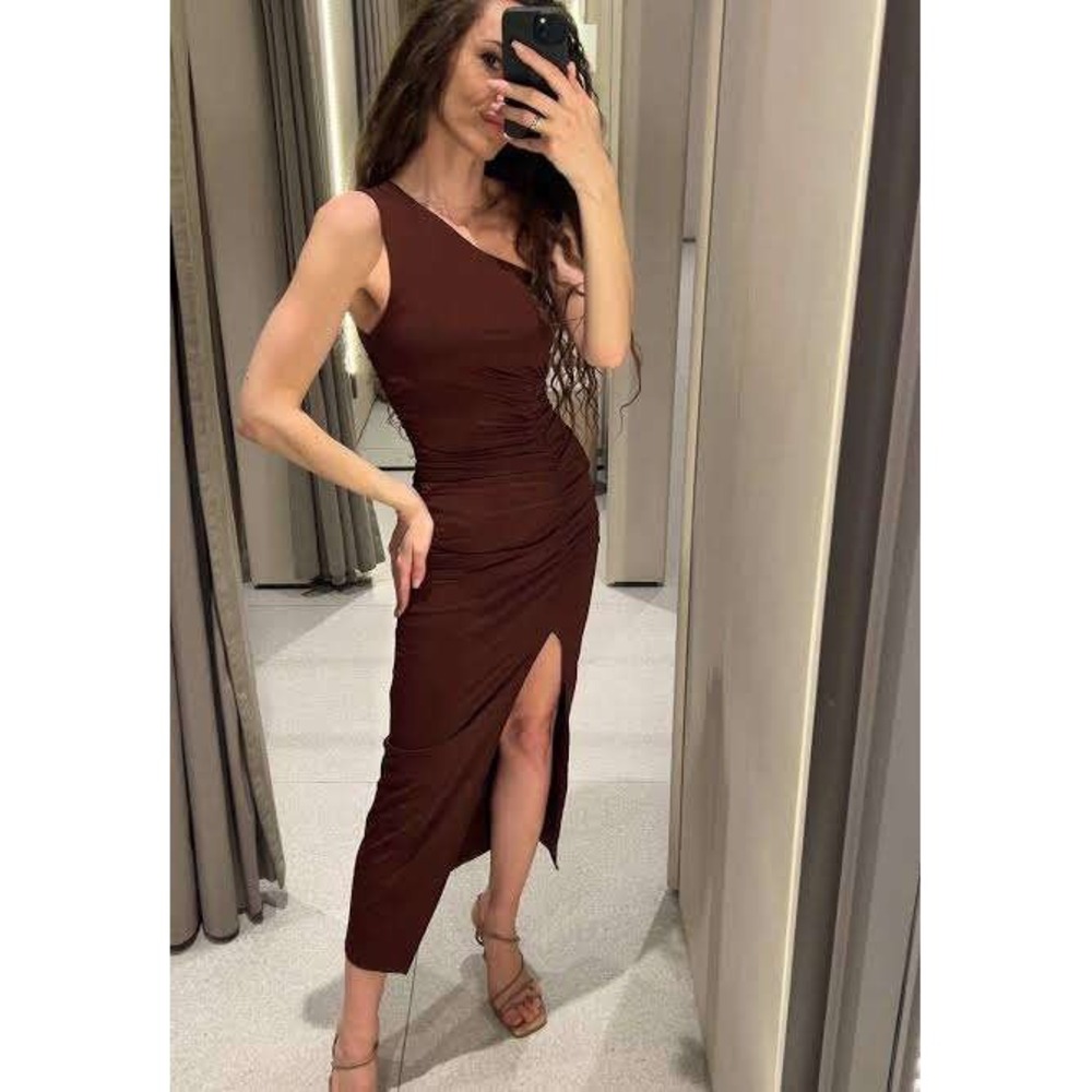 Zara Women One Shoulder Ruched Brown Midi Dress Size L